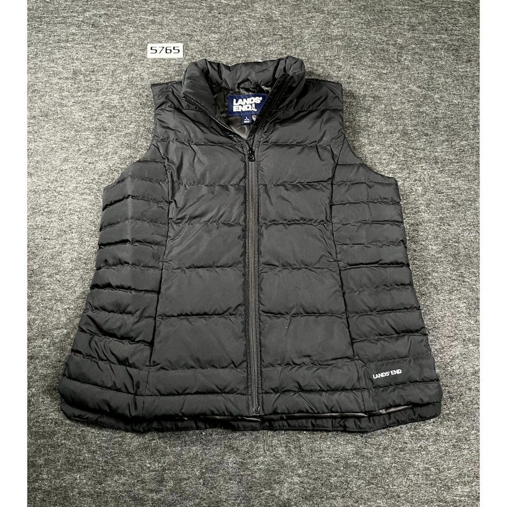 Lands' End Down Puffer Vest Kids 14/16 Large Black Spell Out Logo